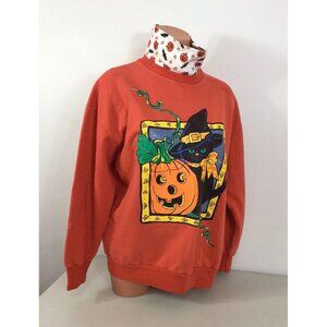 Vintage Black Cat Halloween Sweatshirt Womens Large Made USA